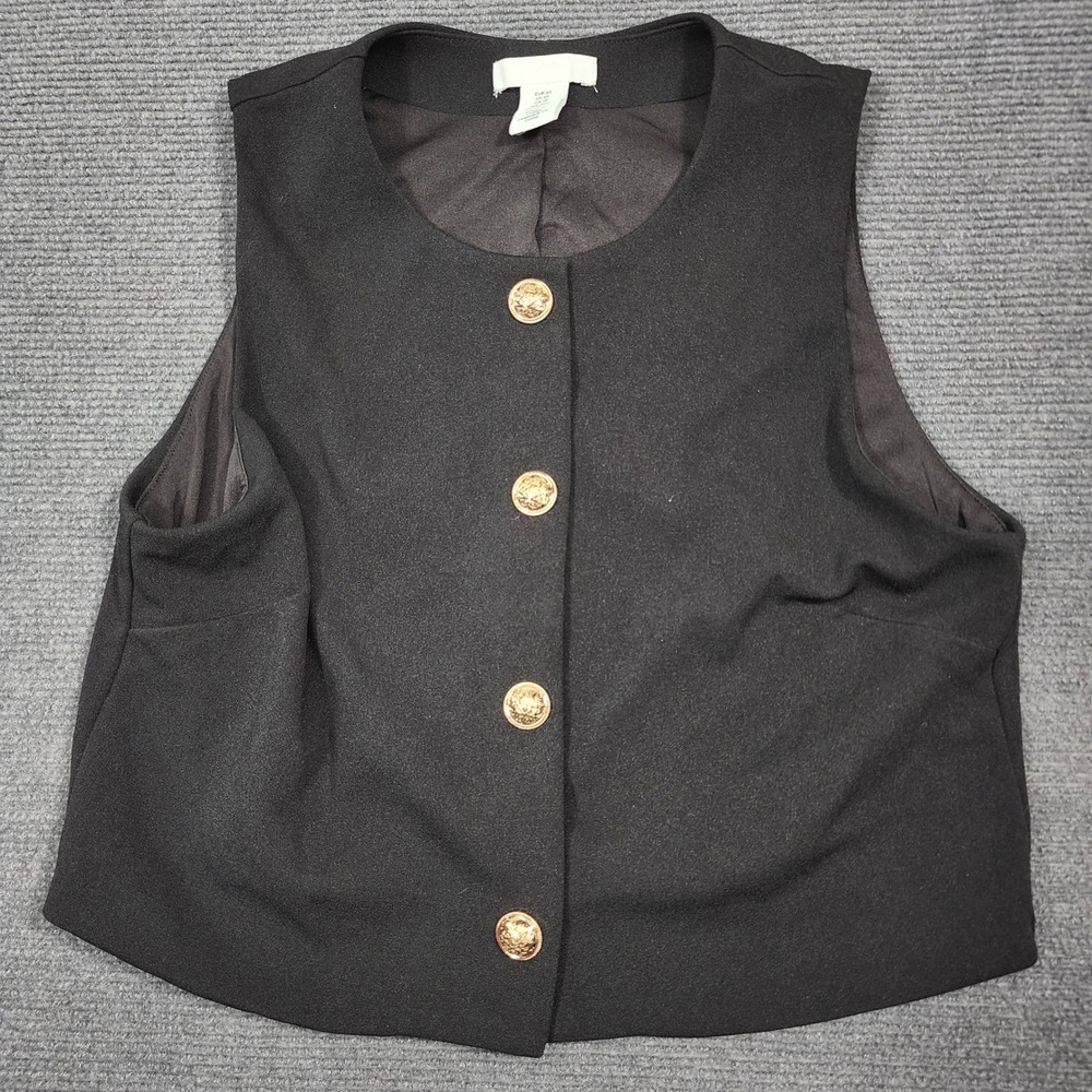 H&M  Cropped Vest Womens XS Black Gold Crest Button Waistcoat Formal